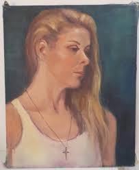 Vintage Beautiful BLOND WOMAN, Long Hair Profile , Oil Portrait Painting  ,c1980s , 16 X 20 In.