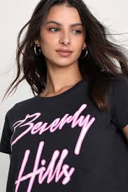 Beverly Hills Black Short Sleeve Distressed Cropped Tee