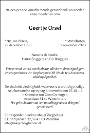 Overlijdensberichten uit het dagblad van het noorden vind je ook op mensenlinq.nl zodra de familie in kwestie toestemming heeft gegeven voor online publicatie. Geertje Orsel 02 11 2020 Overlijdensbericht En Condoleances Mensenlinq Nl