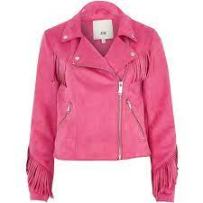 River Island Bright Pink Faux Suede Fringed Biker Jacket 6 970 Dop Liked On Polyvore Featuring Faux Suede Fringe Jacket Pink Biker Jacket Pink Moto Jacket