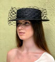 Black Boater Hat With Veil