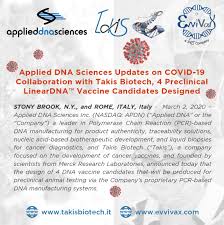 2 March 2020 Applied Dna Sciences Updates On Covid 19 Collaboration With Takis Biotech 4 Preclinical Lineardna Vaccine Candidates Designed