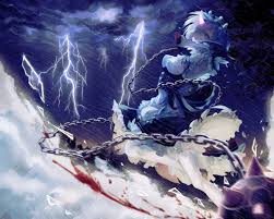 Eis revision for site use by: Wallpaper Anime Girls Seezisong Re Zero Kara Hajimeru Isekai Seikatsu Rem Re Zero Demon Girls Demon Horns Mace Chains Blood Short Hair Blue Hair Blue Eyes Tears Clouds Lightning Rain Maid