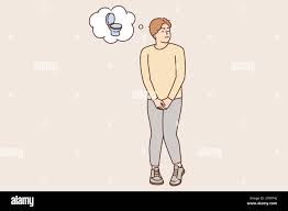 Stressed man standing and want to pee. Anxious guy with a full bladder need  a toilet, desperation and stress. Vector illustration Stock Photo - Alamy