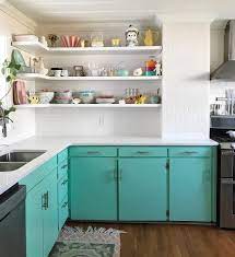 Custom kitchen with turquoise cabinets. Turquoise Kitchen With White Open Shelving And Counters Diy Kitchen Renovation Eclectic Kitchen Kitchen Design