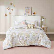 Bridal veil ~ white and gold bedding, curtains & table linens. Camilla Gold Tropical Metallic Printed Comforter Set By Intelligent Design