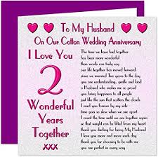 This week, husband and i celebrate our wedding anniversary. My Husband 2nd Wedding Anniversary Card On Our Cotton Anniversary 2 Years Sentimental Verse I Love You Amazon Co Uk Office Products