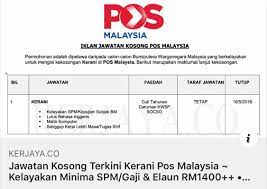 The incumbent shall be responsible for the program management devision, leading a team of. Resume Malaya A Twitter Panggilan Akhir Mohon Jawatan Kosong Terkini Kerani Pos Malaysia Kelayakan Minima Spm Layak Mohon Iklan Penuh Di Bawah Jawatan Kerani Jawatan Tetap