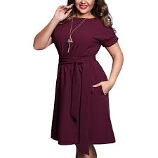 Summer Plus Size Women Solid Dress Evening Party Cocktail Dress With Belt