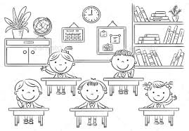 Black And White Classroom Students Clipart Little Cartoon Kids In The Classroom At The Lesson Clipart Black And White Clip Art Cartoon Kids