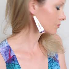 B.O. MARTINEZ Large Art Deco Earrings, Woven With Miyuki Beads, 24K Gold  Plated, Vintage Silver, Purple, Pink.