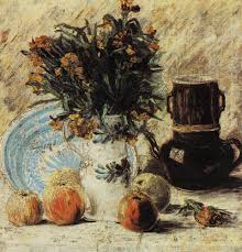 Green and the flowers seem much more yellow than in the former two versions. Vincent Van Gogh Vase With Flowers Coffee Pot And Fruit