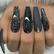 Acrylic Black And Gray Nails Ballerina Nails Matte Gray Nails Black Glitter Nails Nails With Rhinestones Acrylic Nails Black Nails With Glitter Rhinestone Nails Gorgeous Nails