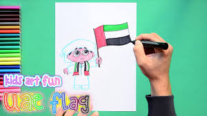 How To Draw And Color Kids Waving Uae National Flag Flag Drawing National Flag Art For Kids
