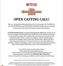 It's good to be netflix these days—and that extends to actors and casting directors alike. Leadcastingcall Casting Call For Upcoming Netflix Series The Babysitters Club Seeking Child Actor For Role Of Claudia See Flyer For Date And Submission Detail Casting Castingcall Childactor Auditions Actress Newseries Facebook