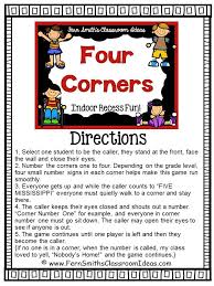 Indoor Recess Free Four Corners Directions Printable Gym Games For Kids Recess Games Indoor Recess Games