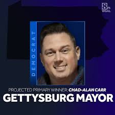Challenger Chad-Alan Carr secures the Democratic nomination for Gettysburg  mayor.  http://www.wgal.com/article/chad-alan-carr-wins-democratic-primary-gettysburg-mayor/64832155  #paprimary #gettysburgmayor #pennsylvaniaprimary #electionresults  #breakingnews