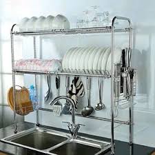 Dish Rack 2 Tier Double Slot Stainless Steel Dry Shelf Kitchen Cutlery Holder Casa E Jardim Cozi Declutter Kitchen Kitchen Cutlery Declutter Kitchen Counter