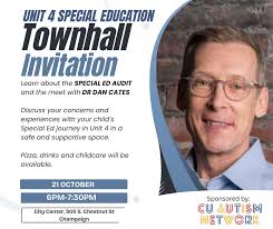 Please join us as CUAN hosts a town hall meeting for Champaign Unit 4  parents with children in Special Education. We will introduce you to Dr. Dan  Cates who is running the
