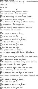 Song Lyrics With Guitar Chords For Mad World Ukulele Songs Ukulele Chords Ukelele Songs