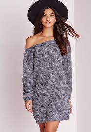Missguided Ayvan Off Shoulder Knitted Sweater Dress Grey Marl Knitted Jumper Dress Sweater Dress Oversized Jumper Dress