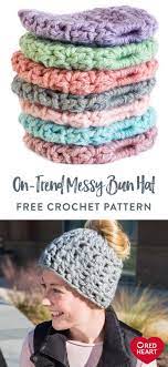 On Trend Messy Bun Hat Free Crochet Pattern In Red Heart Grande Yarn U Crochet Messy Bun Hat Pattern Free Knit Ponytail Hat Free Pattern Messy Bun Hat Crochet