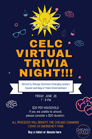Trivia, charades, and drawing via video. Celc Virtual Trivia Night Chicago Commons