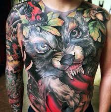 Looking to fill up your tattoo sleeve? 40 Neo Traditional Wolf Tattoo Ideas For Men Wild Designs Cool Chest Tattoos Wolf Tattoos Wolf Tattoo Design