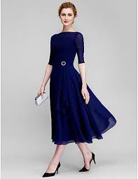 A Line Mother Of The Bride Dress Elegant Bateau Neck Tea Length Chiffon Half Sleeve With Ruched 2020 Illusion Sleeve Mother Of The Groom Dresses 2020 Us 97 Mother Of