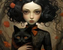 Salem Black Cat Pet Portrait Witchy Fine Art Giclee Print Gothic Halloween  Kitty