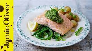 The other day i pulled it down from the shelf and flipped through it. Jamie S Pan Fried Salmon Pesto Dressed Veg Video Jamie Oliver