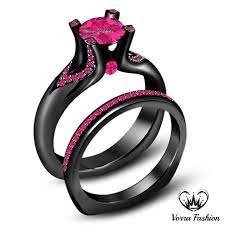 Pink Sapphire 14k Black Gold Plated Pure 925 Silver Engagement Bridal Ring Set Black Gold Engagement Rings Pink Wedding Rings Bridal Ring Set