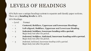 Level 1 is the highest or main level of heading, level 2 is a subheading of level 1, level 3 is a. Apa Style And Academic Writing Ppt Download