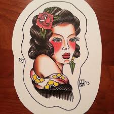 Sailor Jerry American Traditional Painting of a Sexy Lady Head by Ian Manley