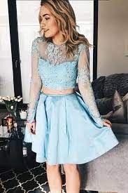 Two Piece Long Sleeve Light Sky Blue Homecoming Dresses Cute Beaded Short Prom Dress N1867 In 2021 Long Sleeve Homecoming Dresses Two Piece Homecoming Dress Lace Homecoming Dresses