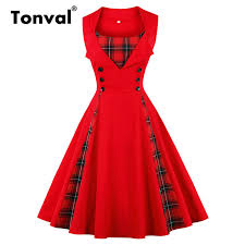 Us 17 99 30 Off Tonval Plaid Vintage Red Tunic Summer Dress Women Button Pinup Girls 1950s Dress 2018 Cotton Plus Size Retro Dresses In Dresses From