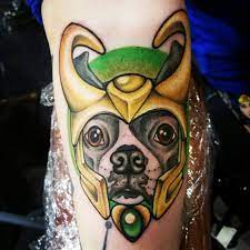 My Boston Terrier Loki Wearing The Loki Helmet Tattoo Done By Tori Robinson At Ink Fusion Booth At Heroes And Villains Fan F 2020 Tattoo Loki Helmet Tattoos