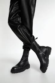 Black Ankle Boots No Heel Leather Low Heeled Leather Ankle Boots With Lug Soles