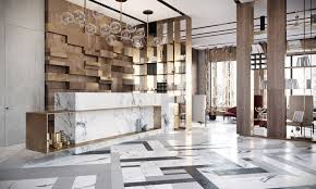 Bright Modern Lobby In Moscow With Brass And Special Lamps See More At Http Modernhomedecor Eu Modern Furnitu Hotel Lobby Design Lobby Design Hotels Design