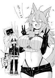 shun soku, coup (shun soku), firo (shun soku), hitachi (shun soku),  original, shiboritoranaide onna shounin-san, absurdres, commentary request,  highres, translation request, 1boy, 2girls, ahoge, angry, animal ear fluff,  animal ears, belt, breast