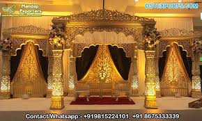 These bollywood theme ideas will definitely satisfy your bollywood craving and your guests will love the creativity and vibe of the sangeet night. Dazzling Golden Theme Bollywood Wedding Mandap Mandap Exporters