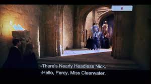 In Harry Potter and the Chamber of Secrets (2002), Nearly Headless Nick  greets Percy Weasley and Penelope Clearwater walking closely together; in  the book, Ginny reveals she'd discovered Percy & Penelope have