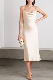 Cream Draped Silk Satin Midi Dress Sleeper In 2020 Satin Midi Dress Ivory Silk Dresses Silk Slip Dress