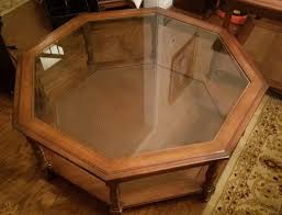 This rare octagonal design coffee table is made of a beautiful brass base with an octagonal glass top. Vintage Mid Century Modern Octagon Coffee Table W Cane Shelf Beveled Glass Top 1851253489