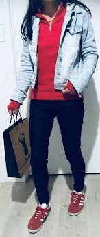 Red Hoodie Jumper Denim Jacket Black Pants Adidas Gazelles Ropa Estilo