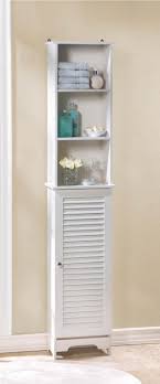 Bright white louvered shelf contains clutter and adds style appeal to your powder room! Nantucket Tall Storage Cabinet Sigma Distributors