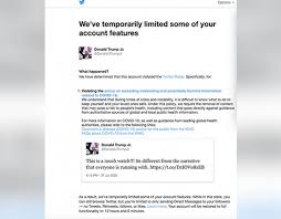 Последние твиты от donald trump jr. Twitter Temporarily Limits Donald Trump Jr S Account For Covid 19 Misinformation Abc News