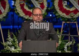 Gregory Casillas holds his emotions while speaking at funeral of his son  fallen Pomona officer Greggory Casillas at Purpose Church in Pomona,  Calif., Thursday, March 22, 2018. The rookie police officer was