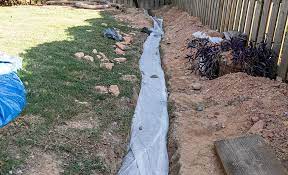 A French Drain Trench Lined With Landscape Fabric And Gravel French Drain Garden Drainage French Drain Installation