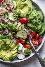 While pulsing, slowly drizzle in the olive oil. Summer Pesto Couscous Bowls Easy Meal Prep Friendly